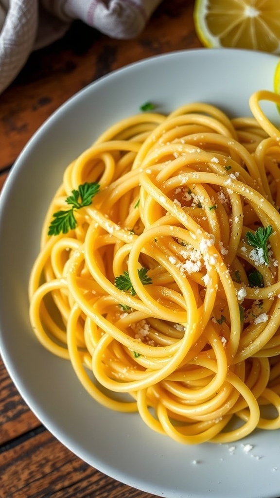 A serving of lemon butter pasta with spaghetti, Parmesan cheese, and herbs on a rustic table.